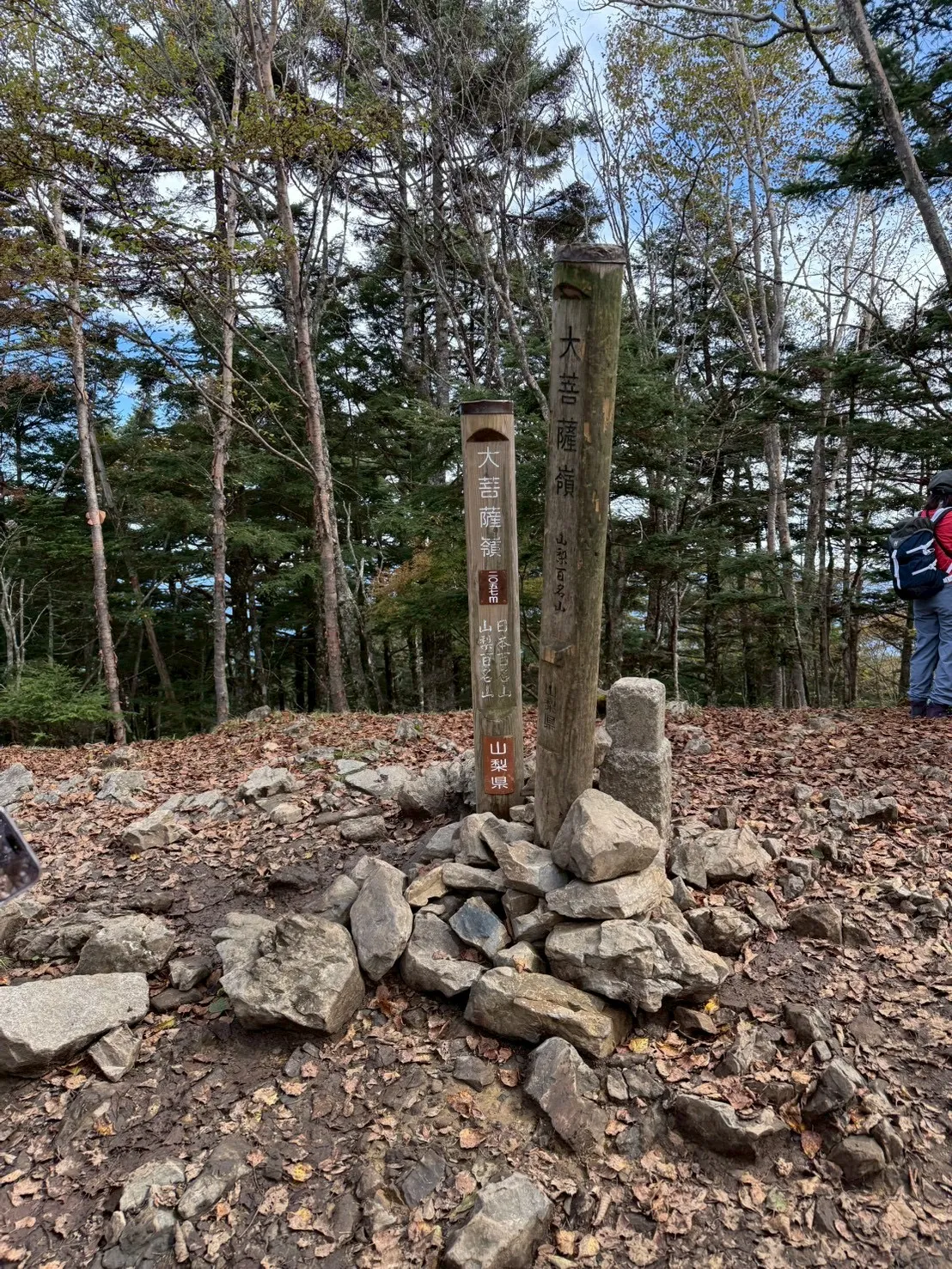 Mt. Daibosatsu summit marker surrounded by trees (no views from the summit itself)